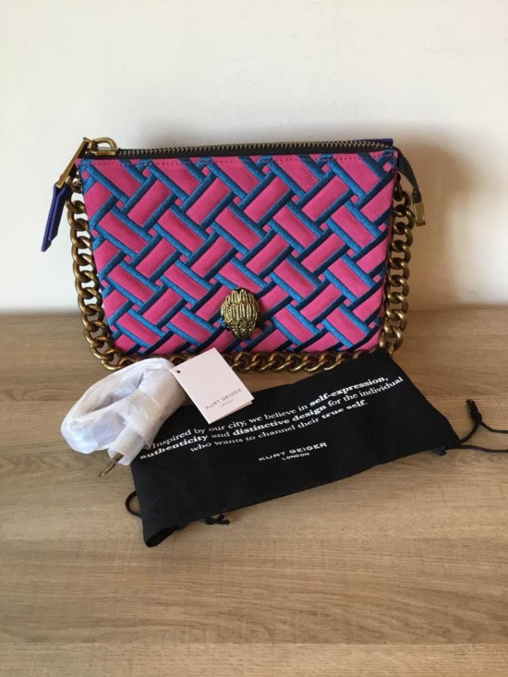Kurt Geiger Kensington Pink & Blue Quilted Bag Gold Chain & Blue Leather Straps